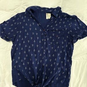 Navy Anchor Print Polo Shirt with front ties